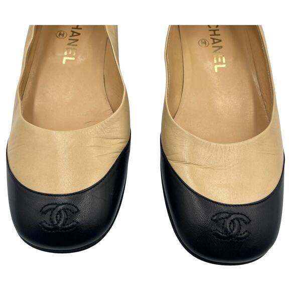 Chanel Interlocking CC Logo Cap Toe Ballet Flats Shoes Beige Black 37.5 US 7.5 - Picture 3 of 10